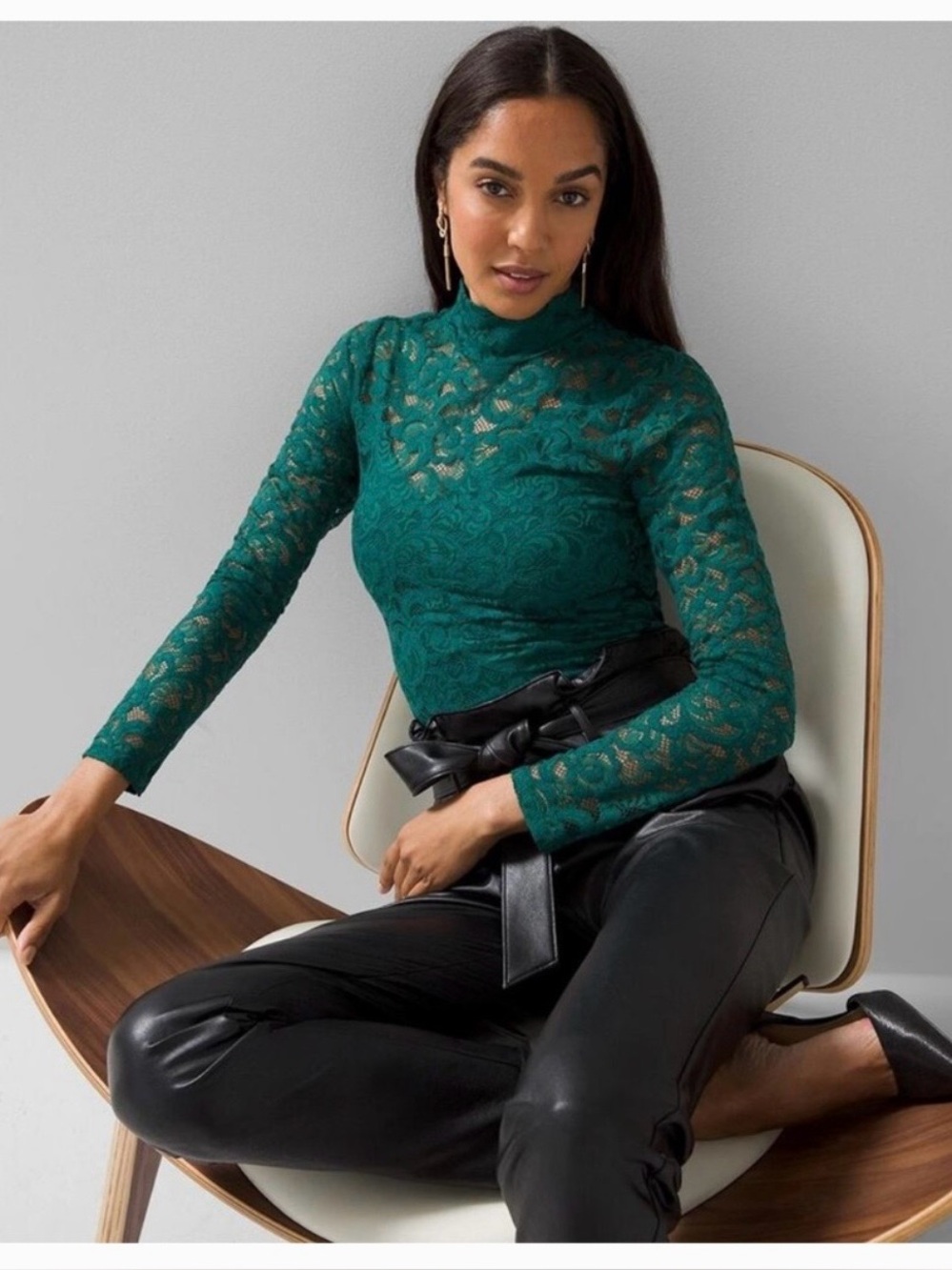 White House Black Market Emerald Green Lace Long-Sleeve Mock Neck Top-Size L